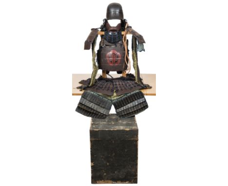 A suit of Japanese armour,  black lacquer Hineno helmet of 4 plates, brown lacquer Do with detached tassets, brown lacquer sh