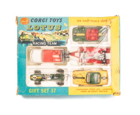 A Corgi Toys Gift Set 37 Lotus Racing Team.  Comprising a Volkswagen Breakdown in white with trailer in red.  Lotus Climax ra