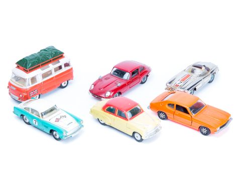 6 Corgi Toys. An Aston Martin DB4 Competition (309) in turquoise and white with lemon yellow interior, with RN ‘7’ to doors a