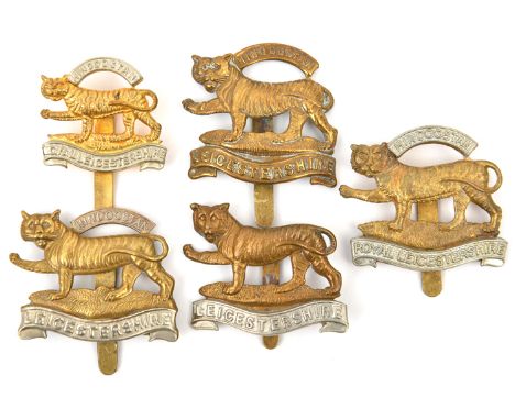 5 Leicestershire Regt cap badges: with “Hindoostan” bi-metal and all brass, without “Hindoostan”, R Leicester and smaller sid