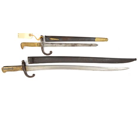 A model 1866 Chassepot bayonet,  in its scabbard, GC; another brass hilted sword bayonet in scabbard shortened. GC (2)       