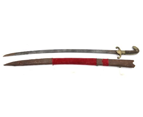 A Turkish shamshir type sword,  slightly curved double fullered blade 30½”, decorated WM crossguard with downturned quillons,