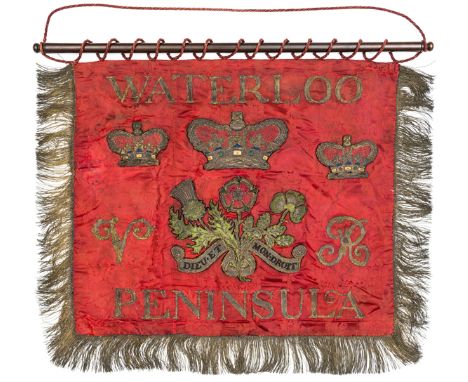 A Victorian Household Cavalry large banner,  of red silk damask, embroidered on both sides with crowned Union wreath and mott