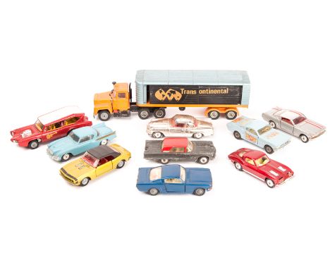 10 Corgi American cars. A Corgi Major Mack Truck with articulated trailer Trans Continental. A MonkeeMobile. 2x Studebaker Go