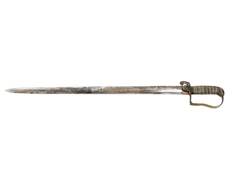 An interesting mid 19th century sidearm, plated straight SE blade 24½”, DE at point, etched “William Hatley Bacon” in scroll 