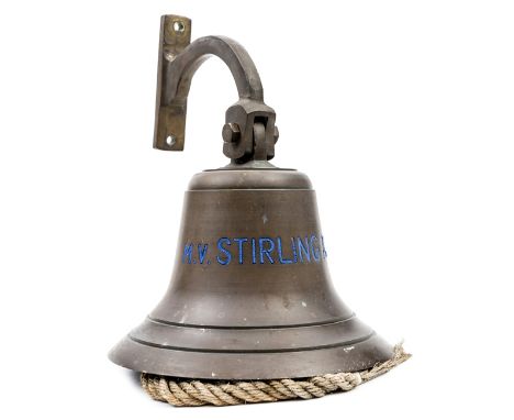 A 20th century ship’s bell of M.V. Stirling Ash,  blue enamelled lettering, with clapper and cord, mounted on a brass bracket