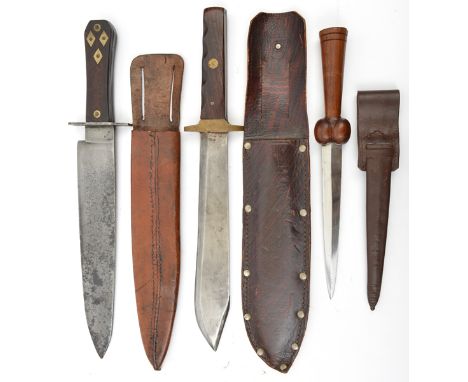 A coffin handled bowie knife,  11” spear point blade, rosewood grips to hilt; in its leather scabbard; a Bowie knife with 10”