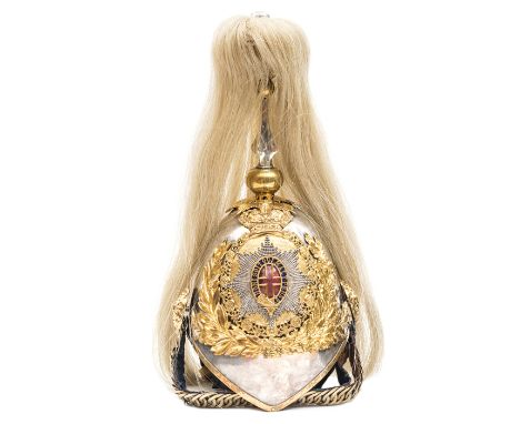 A Vic officer’s helmet of The Life Guards, WM skull, gilt peak binding and mounts, velvet backed chinchain and ear rosettes, 