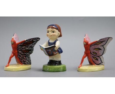 Two Carlton Ware Prototype figures of butterfly men and a figure of a girl