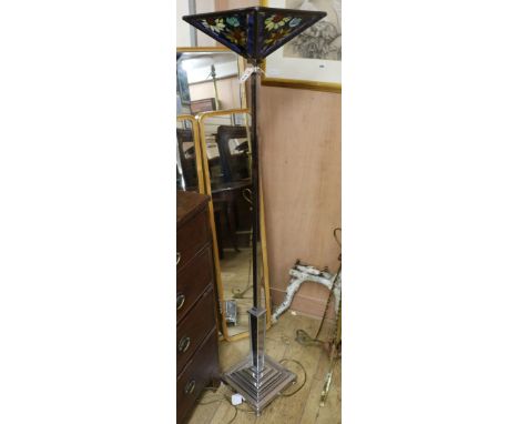 A 1930's French chromed metal lamp standard, with stained glass uplighter shade H.170cm