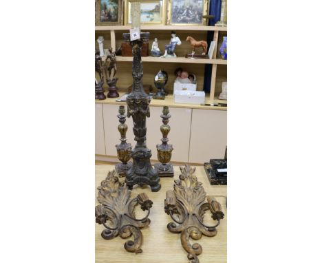 A pair of carved gilt fruit sconces, pair of lamps and a carved Brazilian lamp tallest 78cm