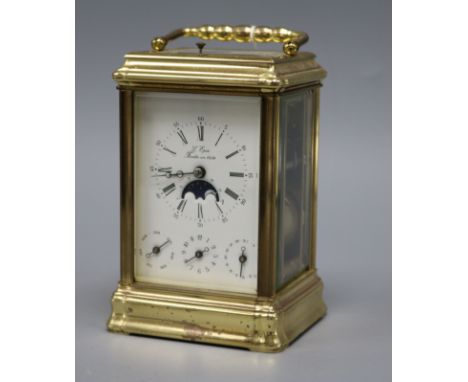 A 20th century French gilt brass repeating carriage clock by L'Epee with moonphase dial and subsidiary calendar, month and da