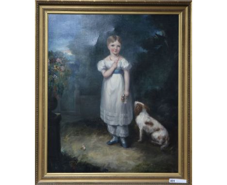 English School c.1830, oil on canvas, portrait of a girl and spaniel standing in a landscape, 74 x 61cm