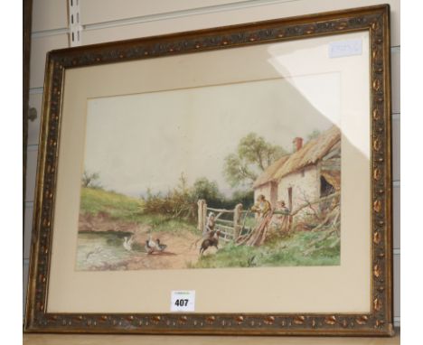 J. Barclay, watercolour, figures beside a farm gate, 29 x 44cm and L.R. Tuke, watercolour, Market in Bruges, 26 x 38cmsigned 
