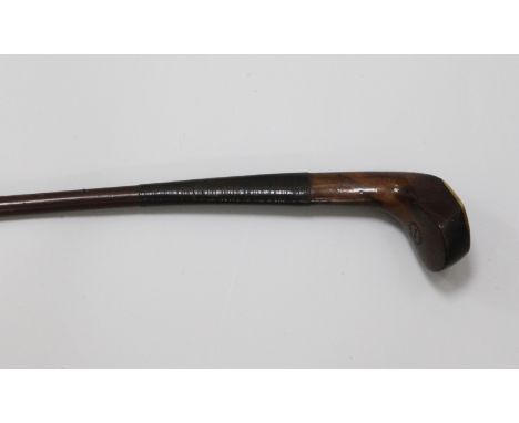 A late 19th century mahogany Sunday golf club walking stick, the head with lead back weight and bone plate to the foot, stamp