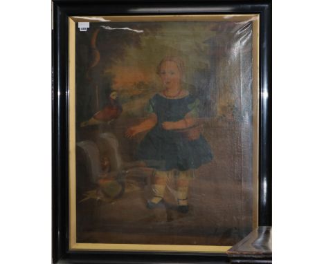 English School c.1840, oil on canvas, portrait of a girl and pigeons standing in a landscape, 102 x 81cm