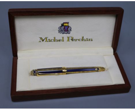 A Michel Perchin silver gilt and Royal bleu guilloche enamel fountain pen, in fitted Michel Perchin box