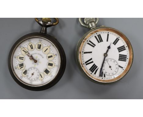 A gun metal "Regulateur" keyless pocket watch with Roman dial and one other nickel cased pocket watch.