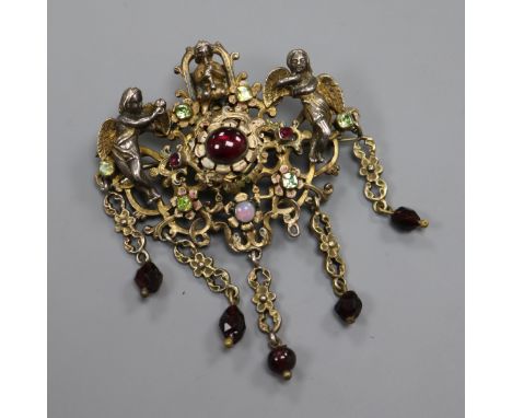 A 19th century Austro-Hungarian? white and yellow metal, enamel and multi gem set brooch, approx. 6.5cm.
