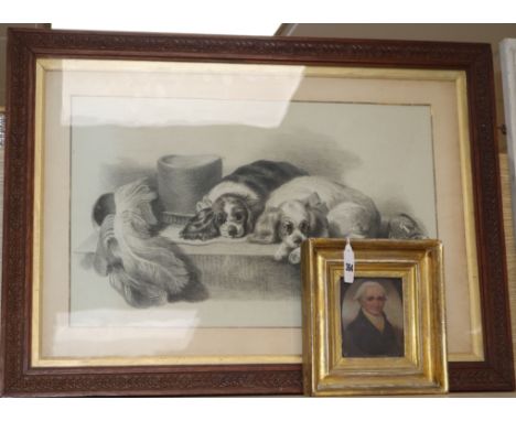 English School circa 1800, oil on panel, miniature portrait of a gentleman and a charcoal sketch after Landseer 11 x 9cm