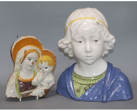 A Cantagalli maiolica bust of a boy, after Andrea Della Robbia and a fragment maiolica relief of the virgin and child (2) hei