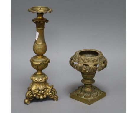 An ormolu lamp base and a brass censer tallest 29.5cm