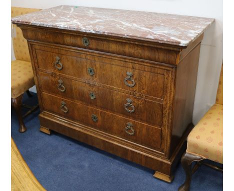 A French walnut and marble topped commode W.124cm