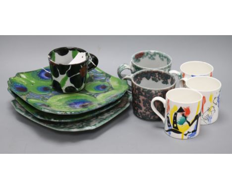 Janice Tchalenko (b. 1942) for Dartington Pottery, a pair of shaped square 'Peacock' design dishes, etc., together with a sim