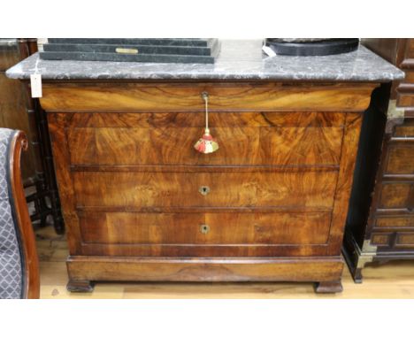 A mid 19th century French walnut marble topped commode W.130cm