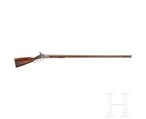 Lange Steinschlossflinte, Elferding in Ansbach, um 1730 Oktagonaler, nach geschnittenem Baluster in rund übergehender, glatte