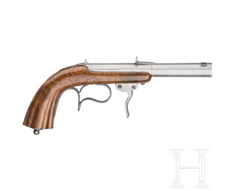 Salon-Perkussionspistole mit abnehmbarem Lauf, wohl deutsch, um 1850 Glatter Oktagonlauf im Kaliber 4 mm, die vordere Hälfte 