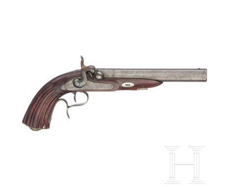 Perkussionspistole, Belgien, um 1850 Gezogener Oktagonlauf aus Damaststahl im Kaliber 17 mm, Seele rau und ausgeschossen, Hak