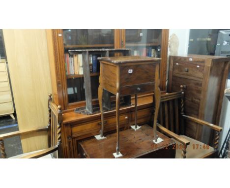 A Walnut sewing box and a wall shelf