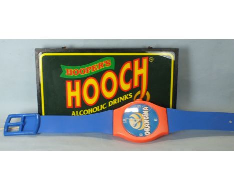 An illustrated perspex and metal advertising sign for "Hoopers Hooch Alcoholic Drinks", 37.5 x 67.5cm and a large Orangina Sw
