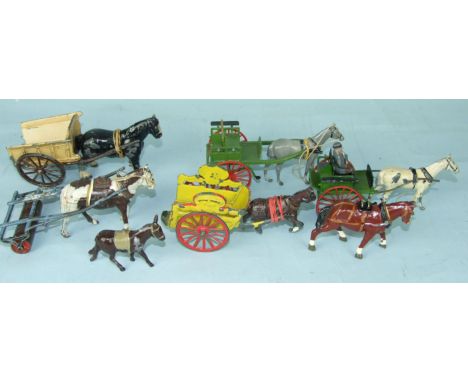 Britains, Charbens and others, two horse-drawn gigs and other items.