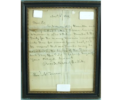 A manuscript facsimile of a letter from Horatio Nelson addressed to Revd William Turner(?) regarding Sir William and Lady Ham