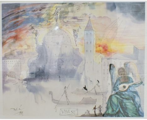 A Salvador Dali print 'Venice', with limited edition blind stamp, 50 x 60cm, various local book plate engravings, ceramic and