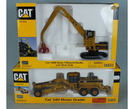Norscot 55133 CAT 24H Motor Grader, 55080 CAT 345B Series II Material Handler with Work Tools, both boxed, (2).