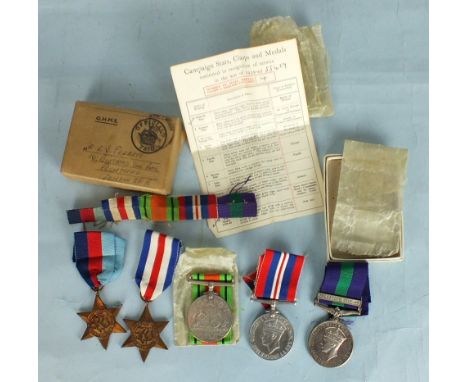 A WW2 and later group of five medals awarded to 7259174 R V Perrett RAMC: George VI General Service Medal (Palestine 1945-48 