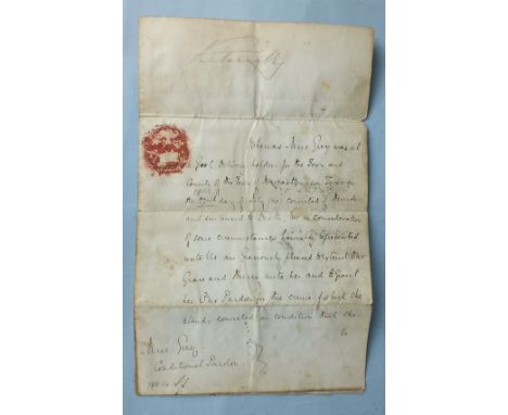 Victoria, Queen of England 1819-1901, manuscript of a Conditional Royal Pardon 22nd July 1867 reprieving Jane Grey, convicted