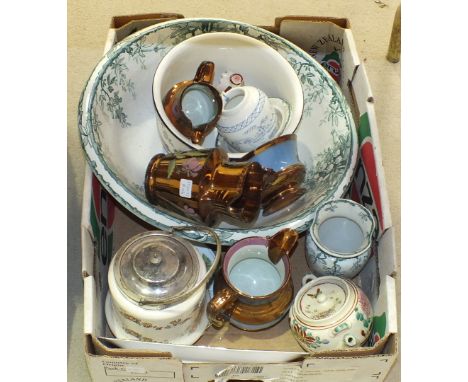 Three copper lustre jugs, other ceramics, a small quantity of sheet music for saxophone and clarinet, miscellaneous items.