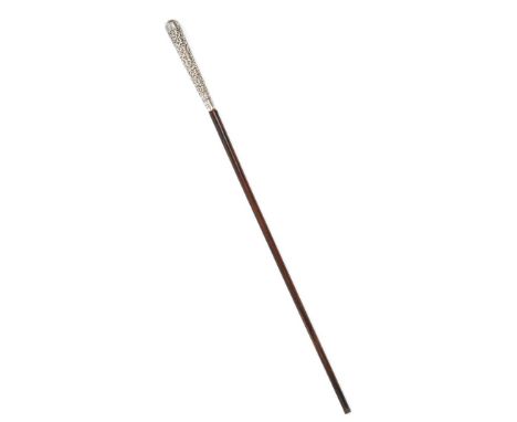 EMBOSSED SILVER HANDLED WALKING STICK WITH ROSEWOOD CANE.LENGTH: 37 INCHES.NO SILVER HALLMARK OTHERWISE IN GOOD CONDITION.