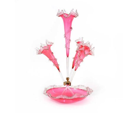 VICTORIAN RUBY GLASS EPERGNE WITH FOUR FLUTES ON RUBY GLASS BOWL.HEIGHT: 23 INCHES, DIAMETER: 15 INCHES.GOOD CONDITION.