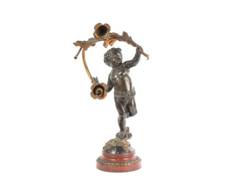 VICTORIAN BRONZE CHERUB LAMP ON A MARBLE BASE.HEIGHT: 23 INCHES, WIDTH: 12 INCHES.CHIP TO MARBLE PLYNTH & IN NEED OF REWIRING