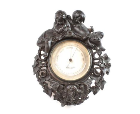 VICTORIAN SPELTER BAROMETER, MARKER M. PILLISCHER, LONDON.HEIGHT: 12 INCHES, WIDTH: 9 INCHES, DEPTH: 2.5 INCHES.NO OBVIOUS DE