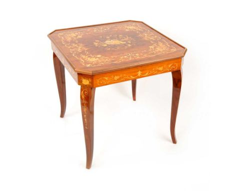 INLAID ITALIAN GAMES TABLE WHICH CONTAINS CARD TABLE, CHESS BOARD & ROULETTE TABLE & COUNTERS. HEIGHT: 29 INCHES, DIAMETER: 2