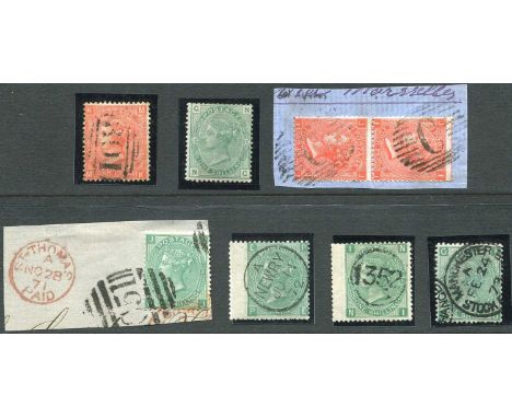Great Britain 1870-75 surface-printed group: 4d vermilion SG.94 with three examples of plate 12 incl. vertical pair tied by C