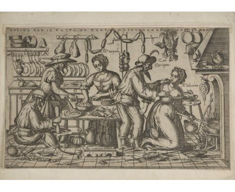 *Brambilla (Ambrogio, active 1582-1599). Cucina per il pasto de Zan Trippu, 1583,  engraving on laid paper, trimmed to plate 