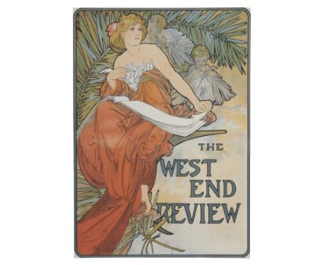 *Mucha (Alphonse, 1860-1939). The West End Review, [1898],  colour lithographic publicity flyer with printed text and reviews