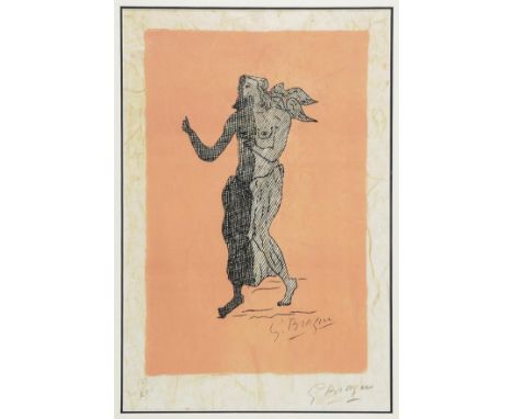 *Braque (Georges, 1882-1963). Personnage sur fond rose, 1958,  lithograph in black and pink on japon, from the published edit